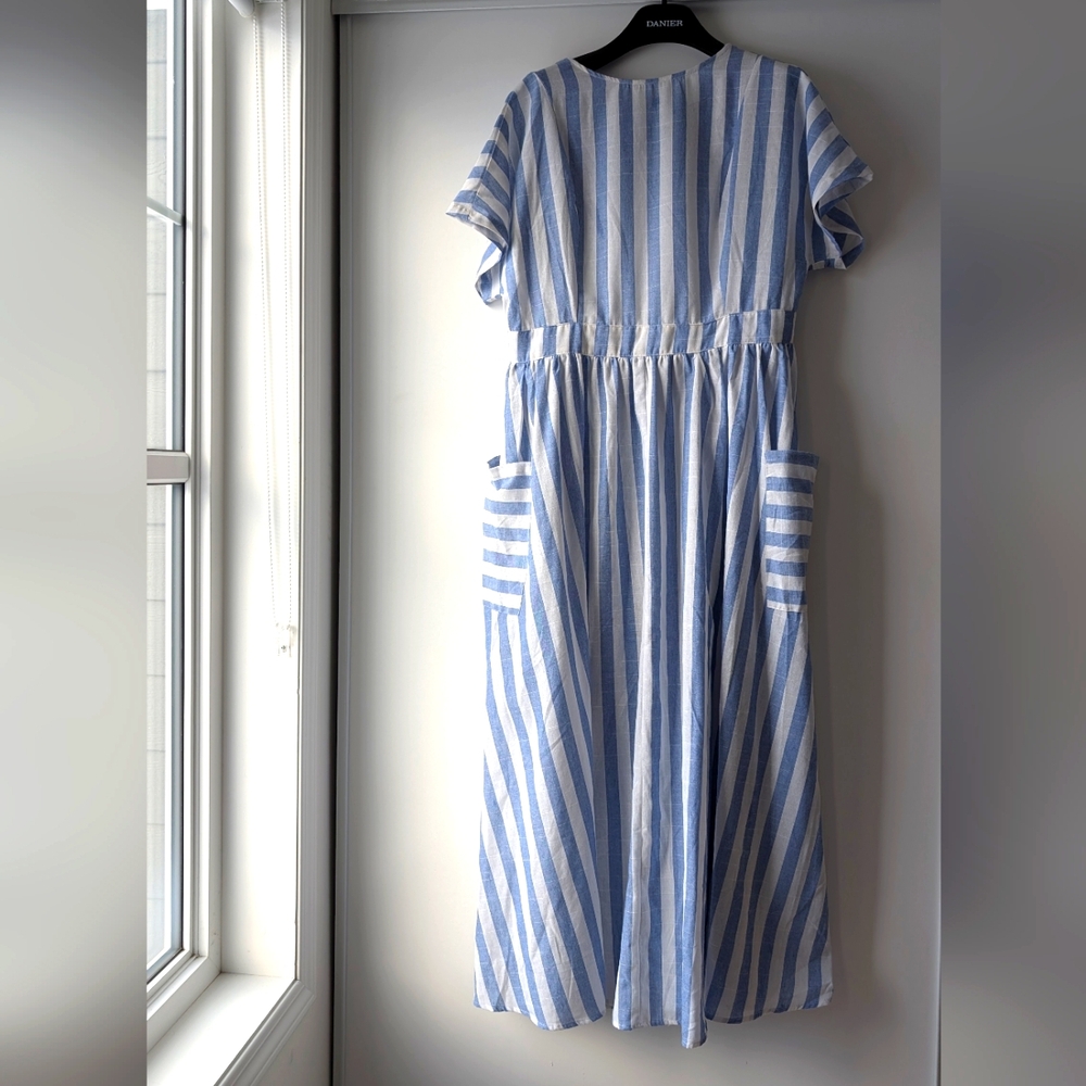 1X Blue and White Linen Backless Maxi Dress